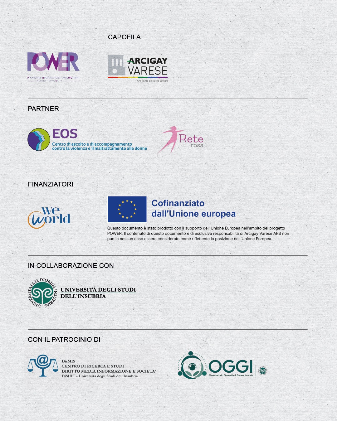 POWER e Arcigay Varese capofila; partner EOS e Rete Rosa; finanziatori WeWorld e Unione Europea; collaborazione con Università dell’Insubria; patrocini DirMIS e OGGI.