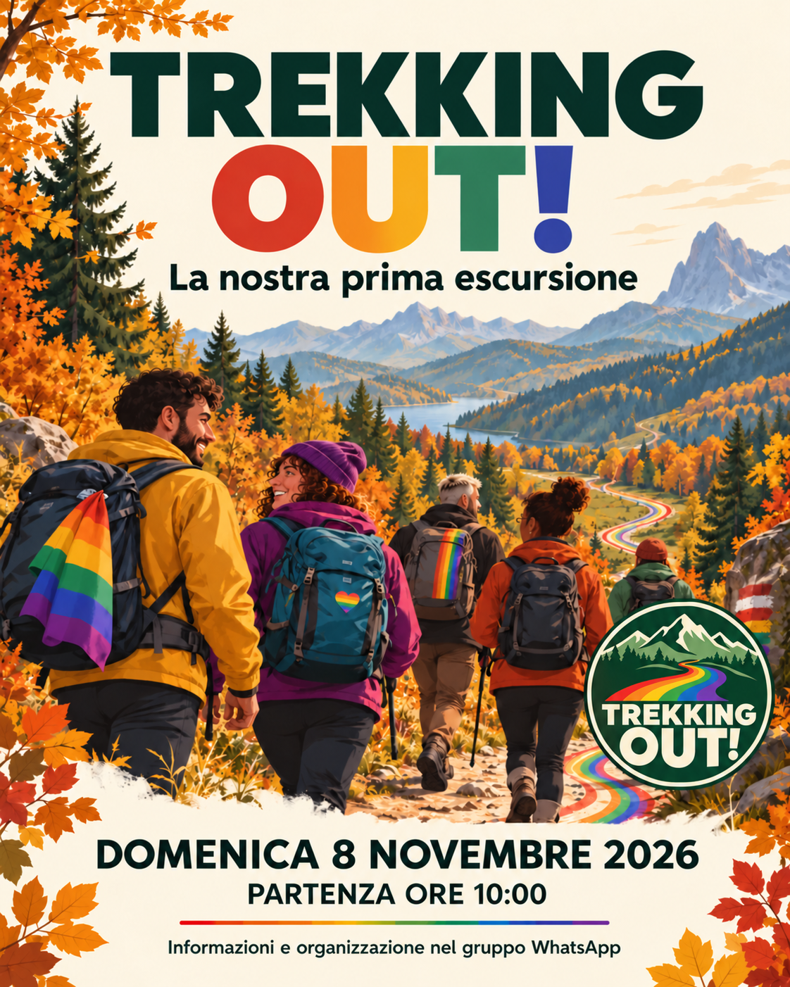 Locandina Trekking Out! Prima escursione al Campo dei Fiori, domenica 8 novembre 2026, partenza ore 10:00. Arcigay Varese.